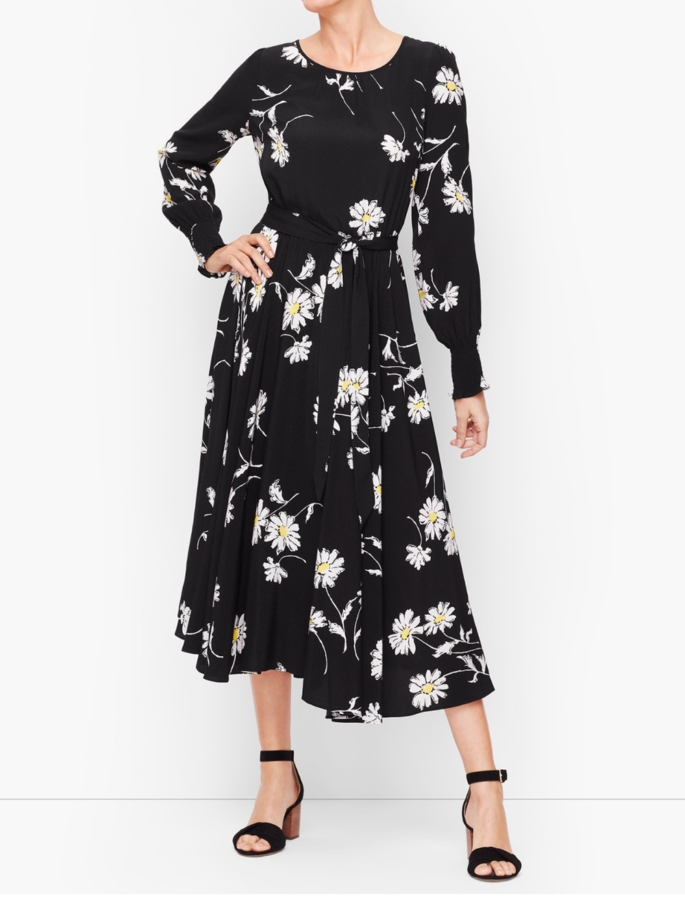Talbots Black Midi Dress with White & Yellow Daisy Print